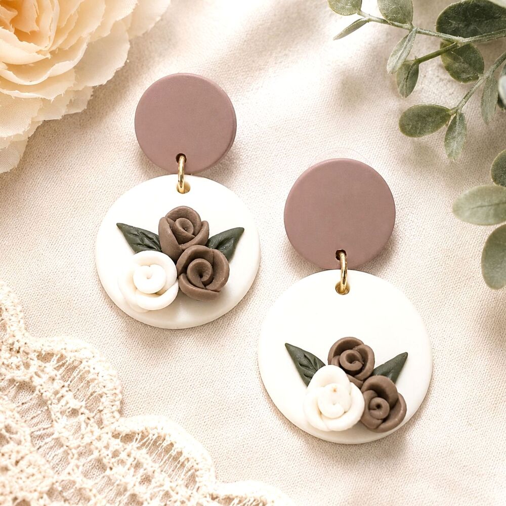 Polymer Clay Floral Drop Earrings Cream Taupe Handmade Style Post Dangles